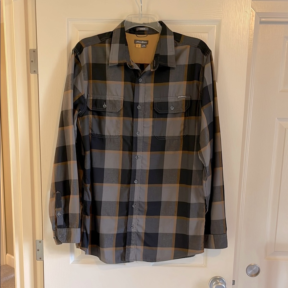 Eddie Bauer Black and Gray Plaid Shirt, size TXL